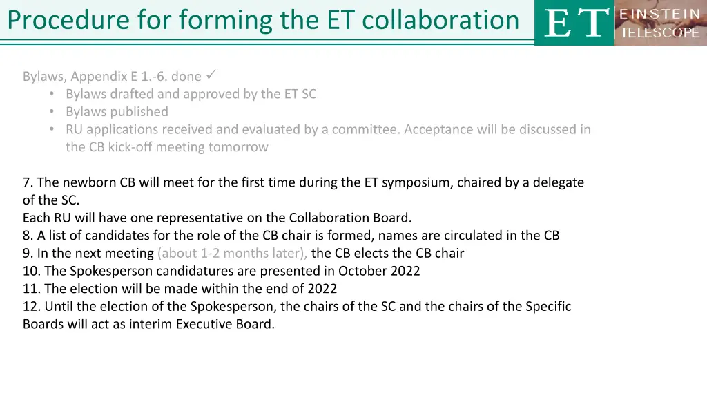 procedure for forming the et collaboration