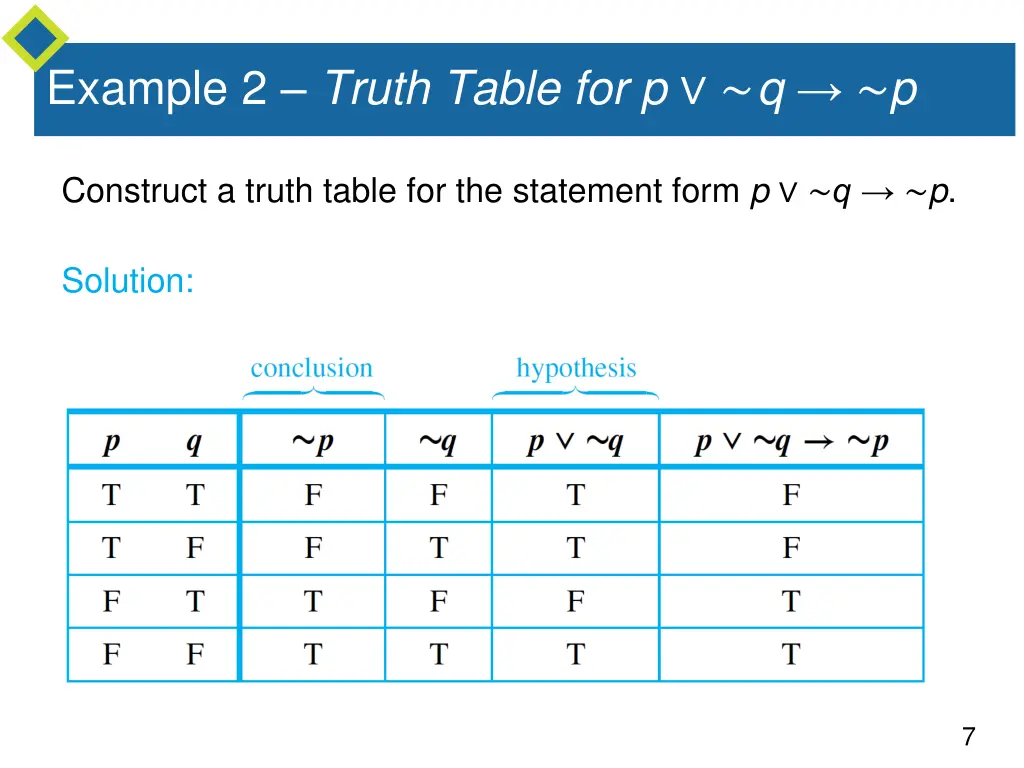 example 2 truth table for p q p