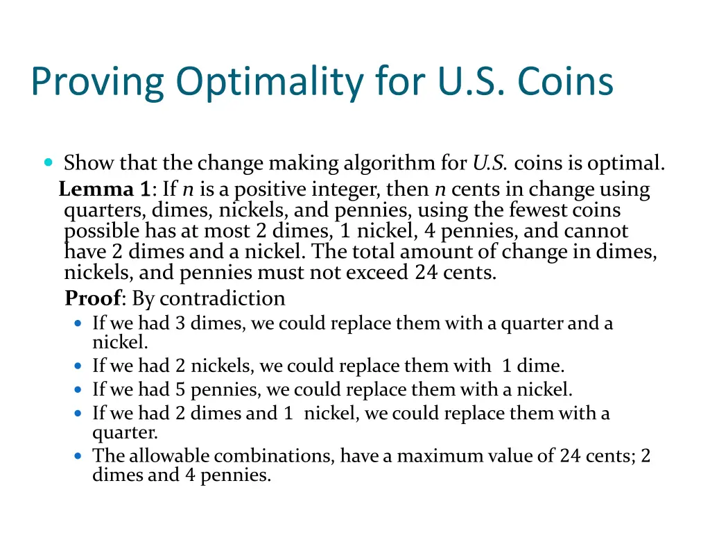 proving optimality for u s coins