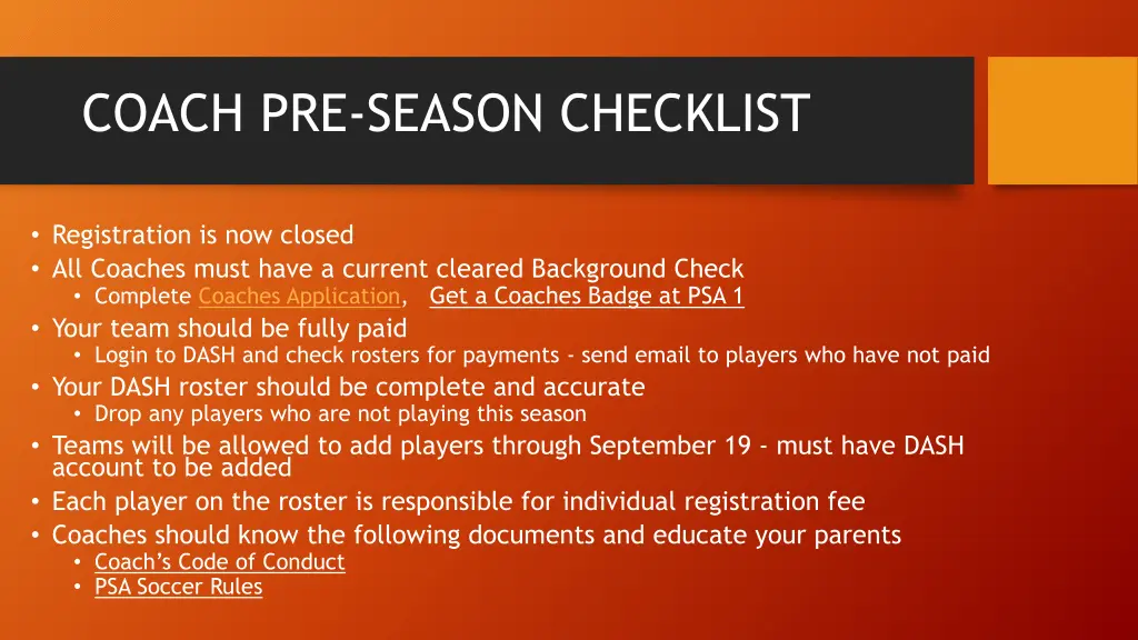 coach pre season checklist