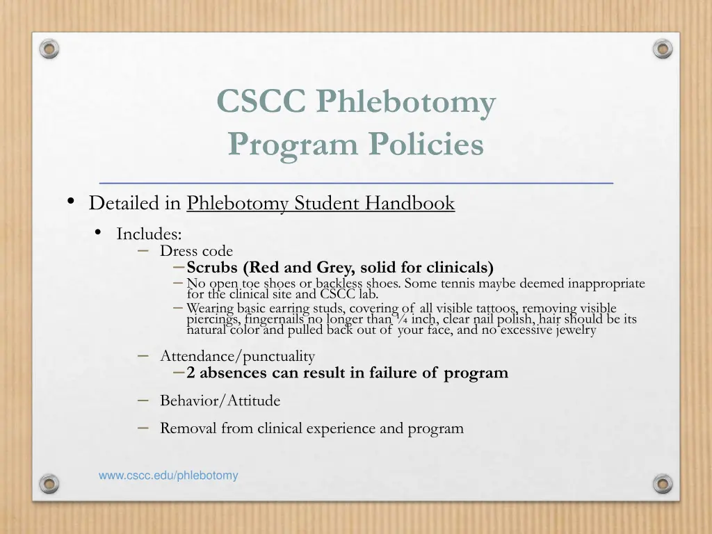 cscc phlebotomy program policies