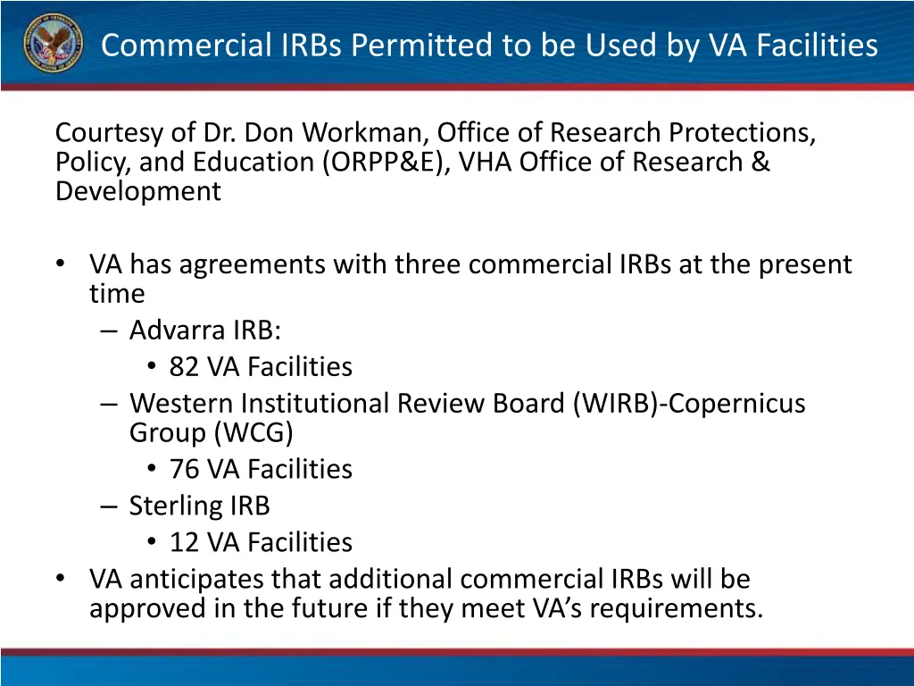 commercial irbs permitted to be used