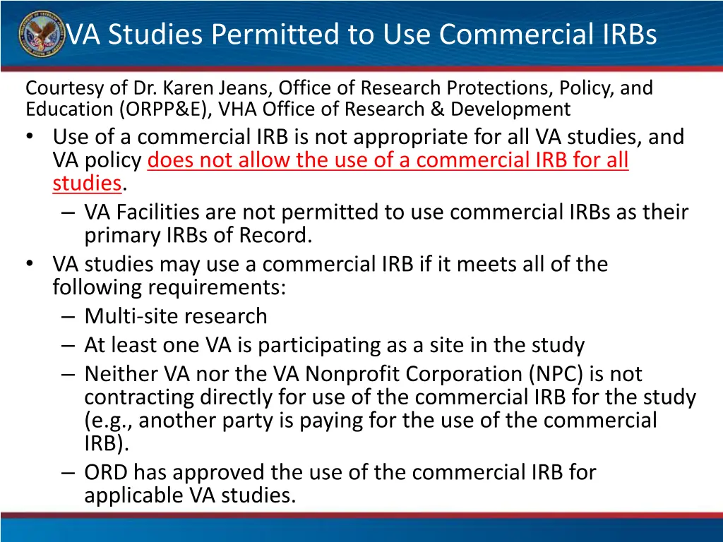 va studies permitted to use commercial irbs