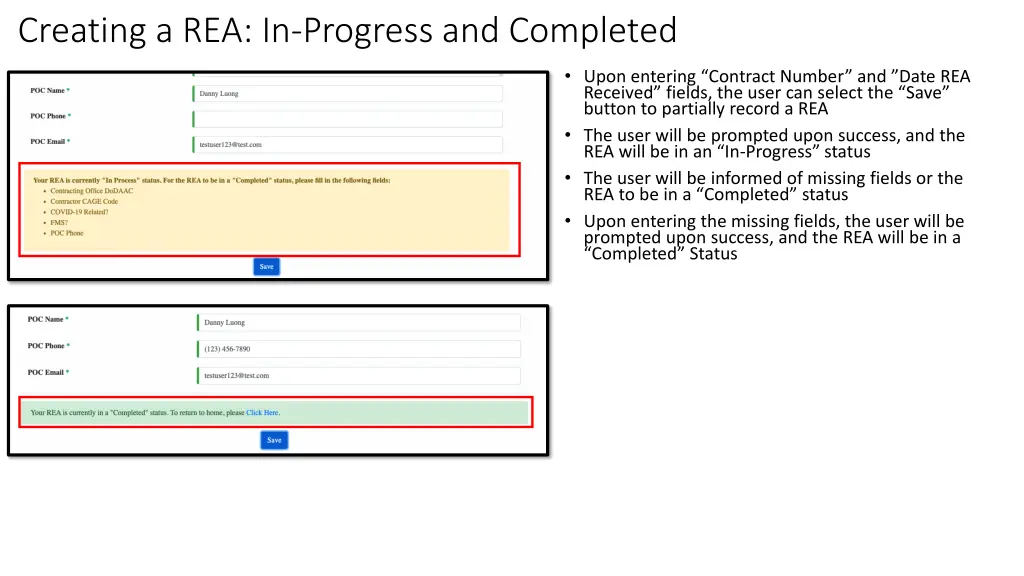 creating a rea in progress and completed