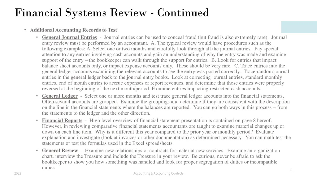 financial systems review continued