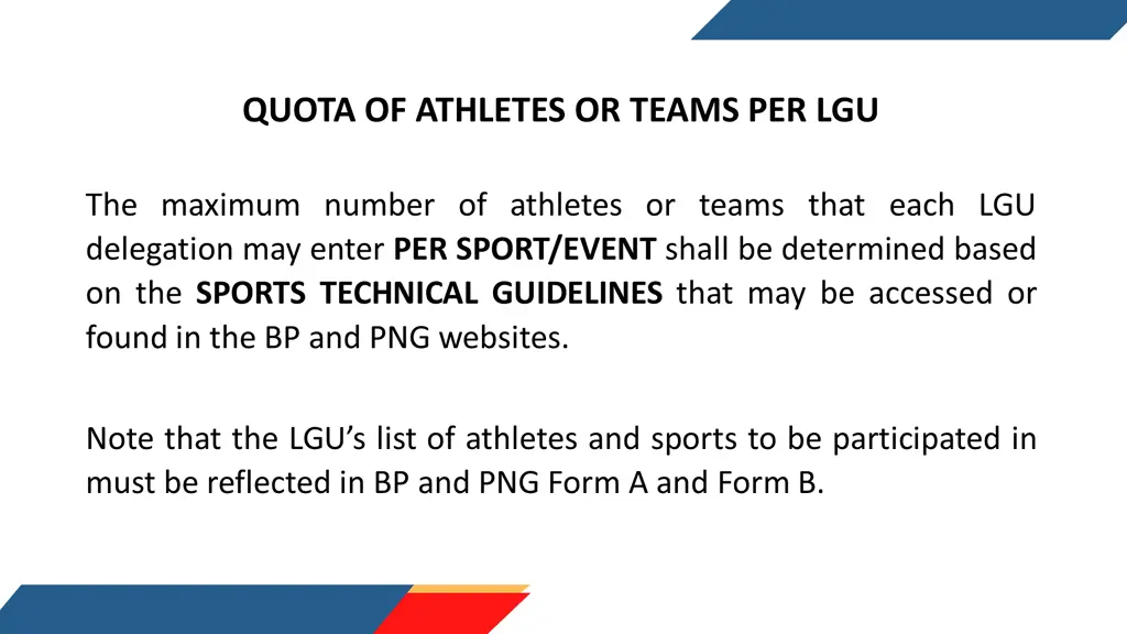 quota of athletes or teams per lgu