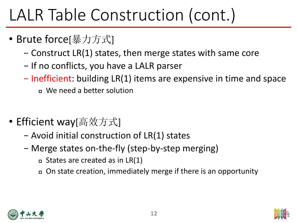 lalr table construction cont