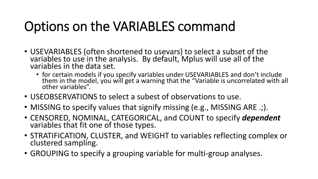 options on the variables command options