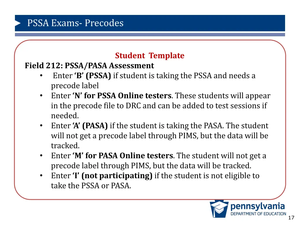 pssa exams precodes 12