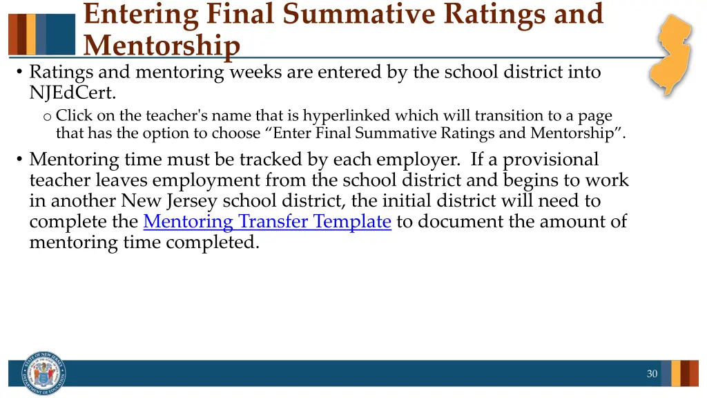 entering final summative ratings and mentorship