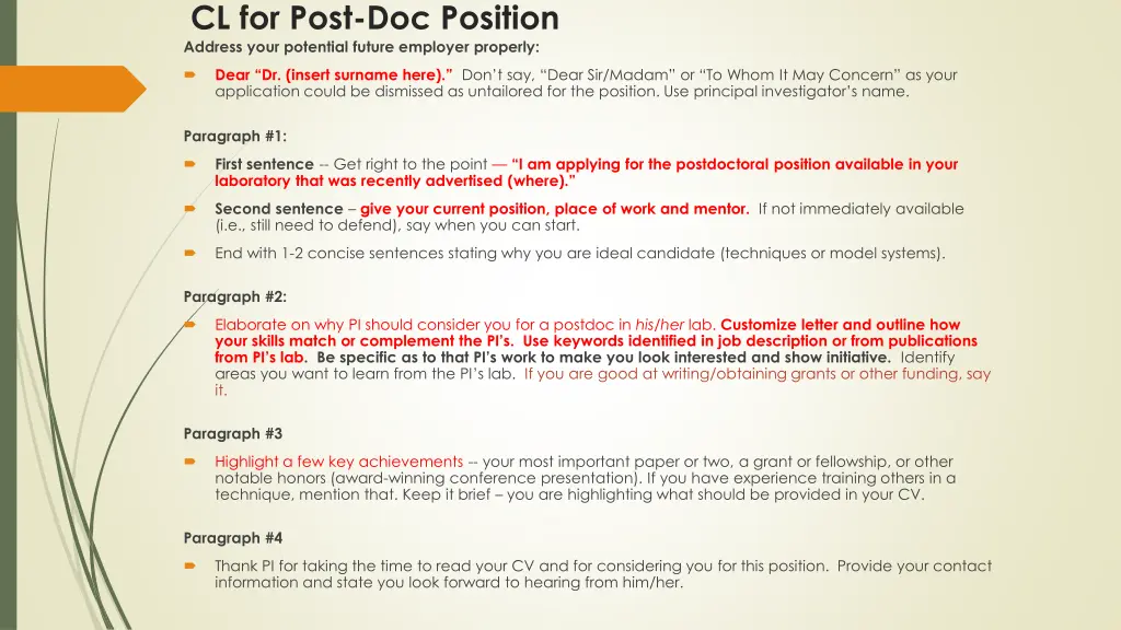 cl for post doc position address your potential