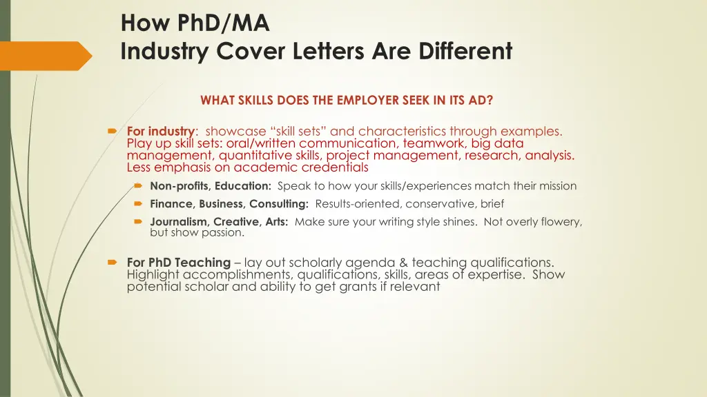 how phd ma industry cover letters are different