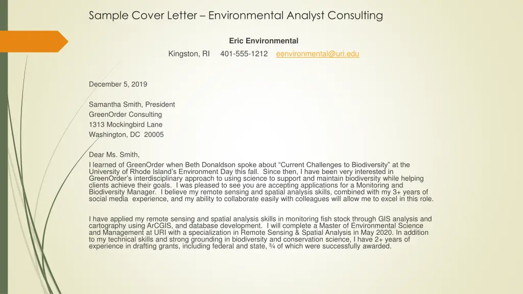 sample cover letter environmental analyst