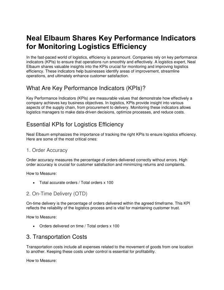 neal elbaum shares key performance indicators