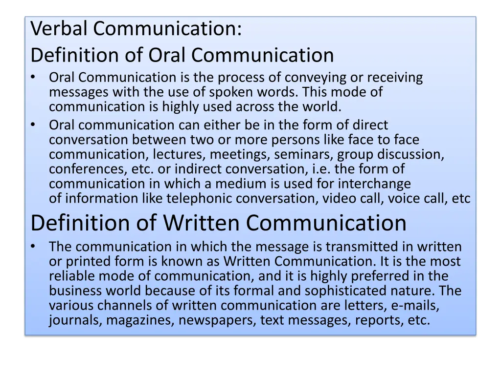 verbal communication definition of oral