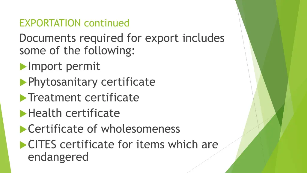 exportation continued documents required