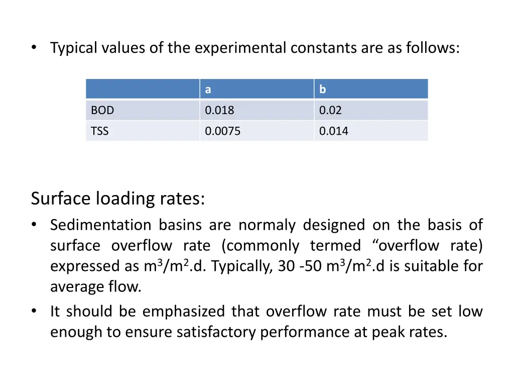 typical values of the experimental constants