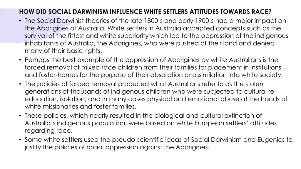 how did social darwinism influence white settlers