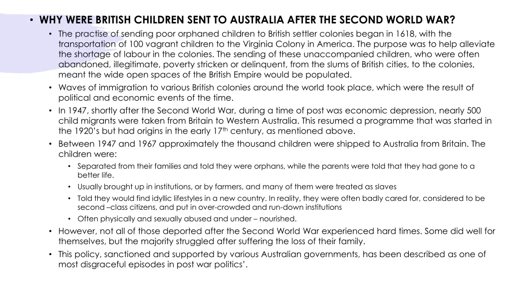 why were british children sent to australia after