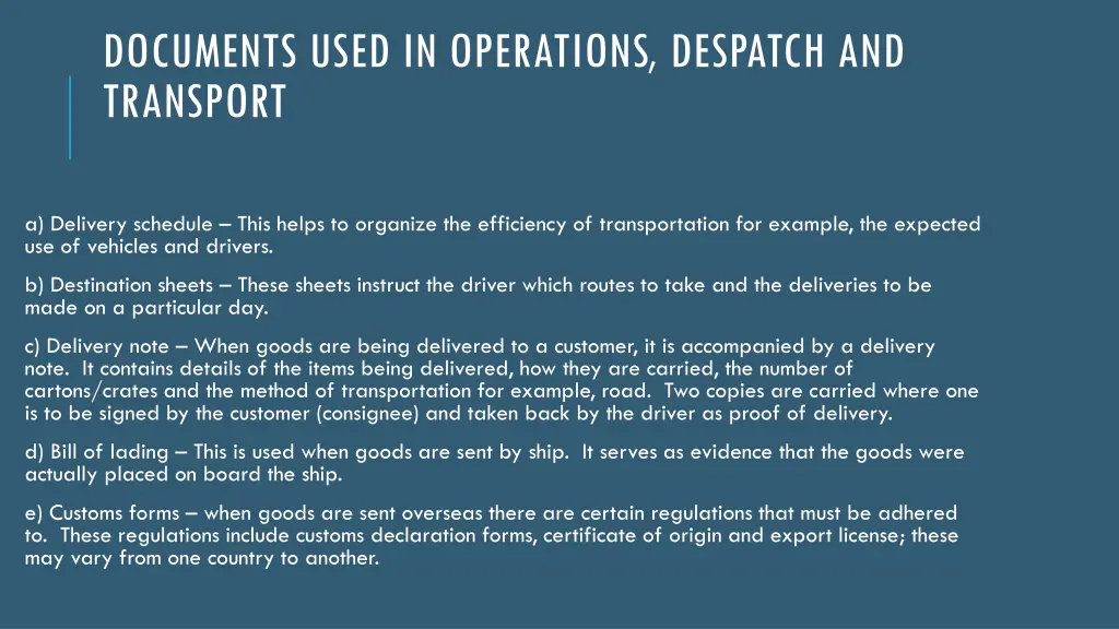 documents used in operations despatch