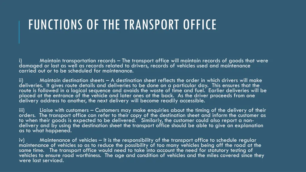 functions of the transport office