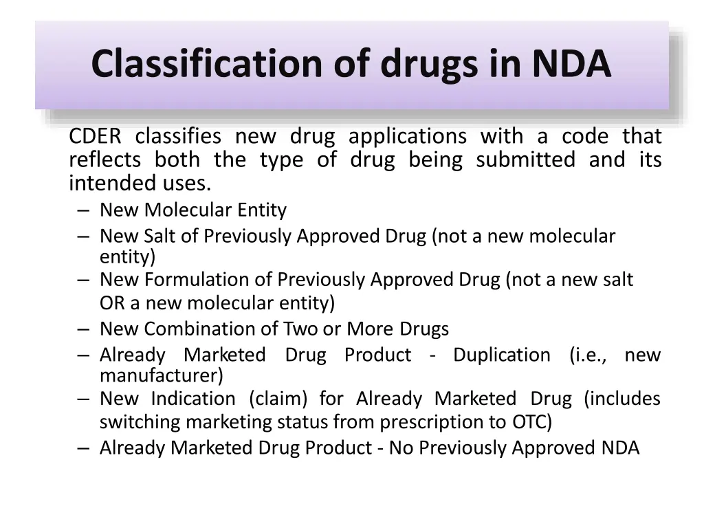 classification of drugs in nda