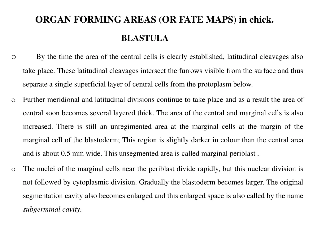 organ forming areas or fate maps in chick