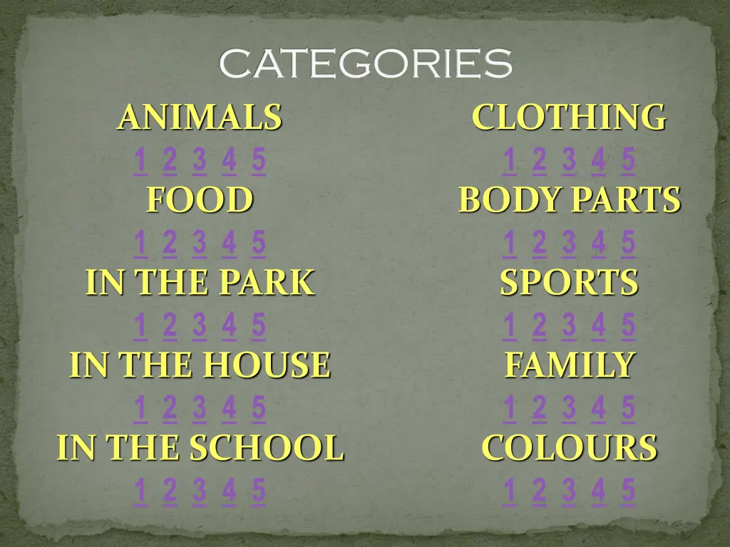 categories categories animals 1 2 3 4 5 food