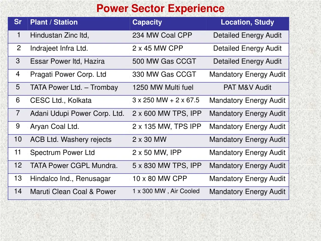 power sector experience capacity