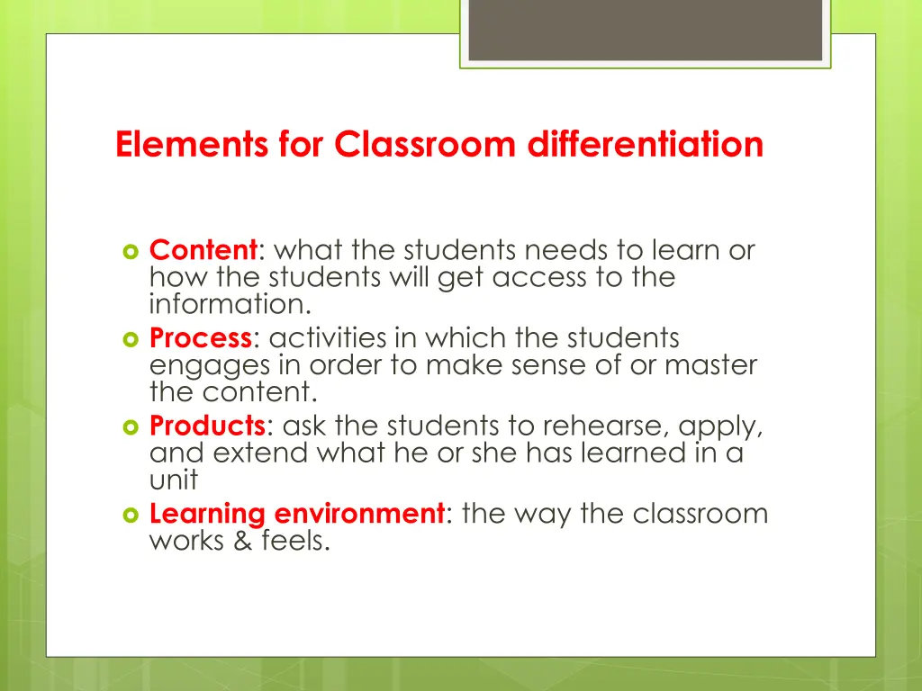 elements for classroom differentiation