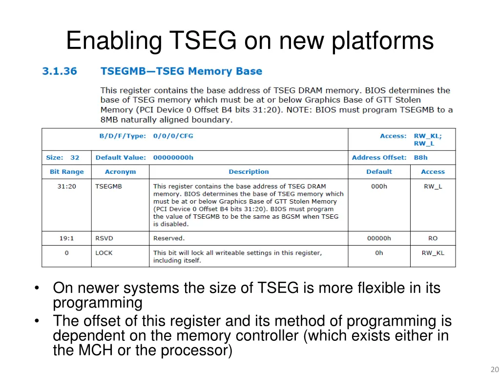 enabling tseg on new platforms