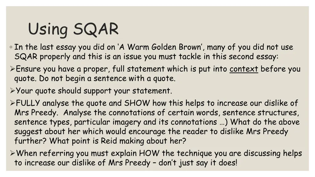 using sqar in the last essay you did on a warm