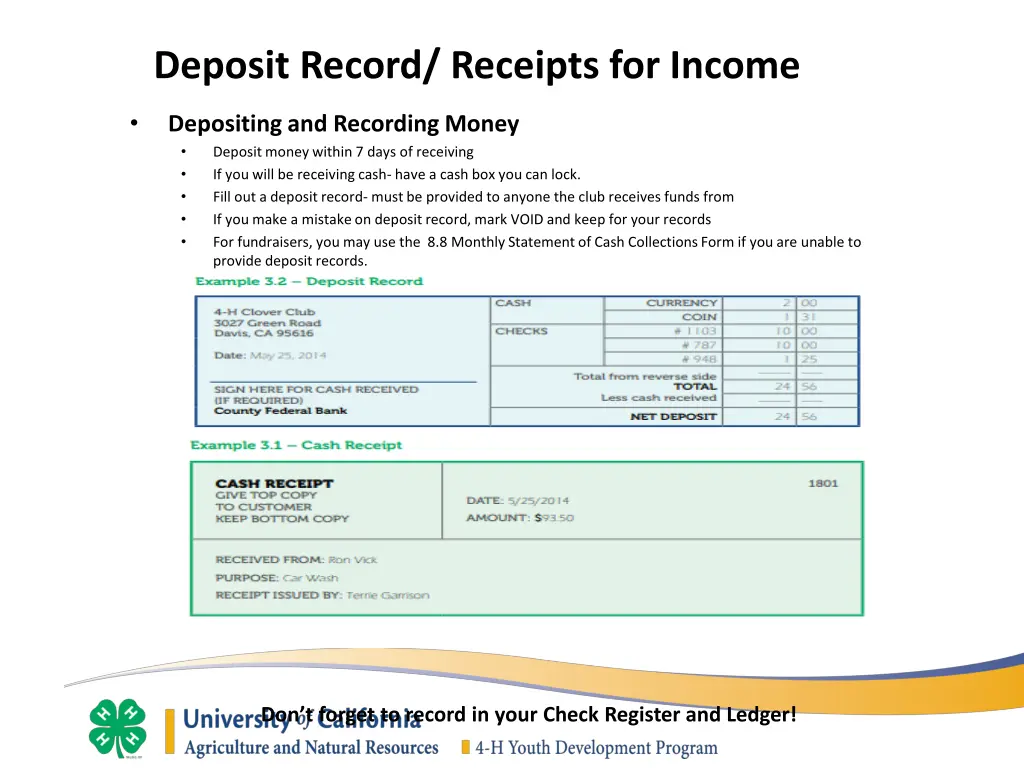 deposit record receipts for income