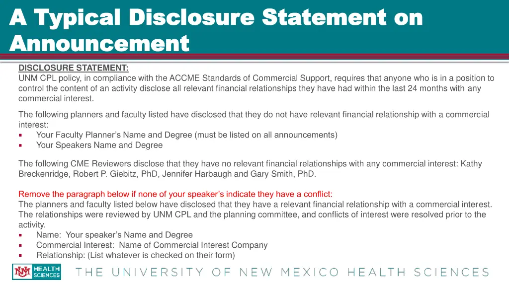 a typical disclosure statement on a typical