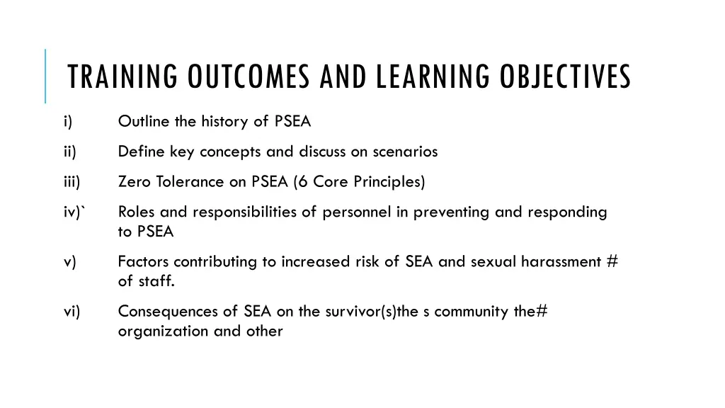 training outcomes and learning objectives