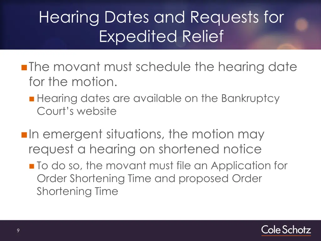 hearing dates and requests for expedited relief