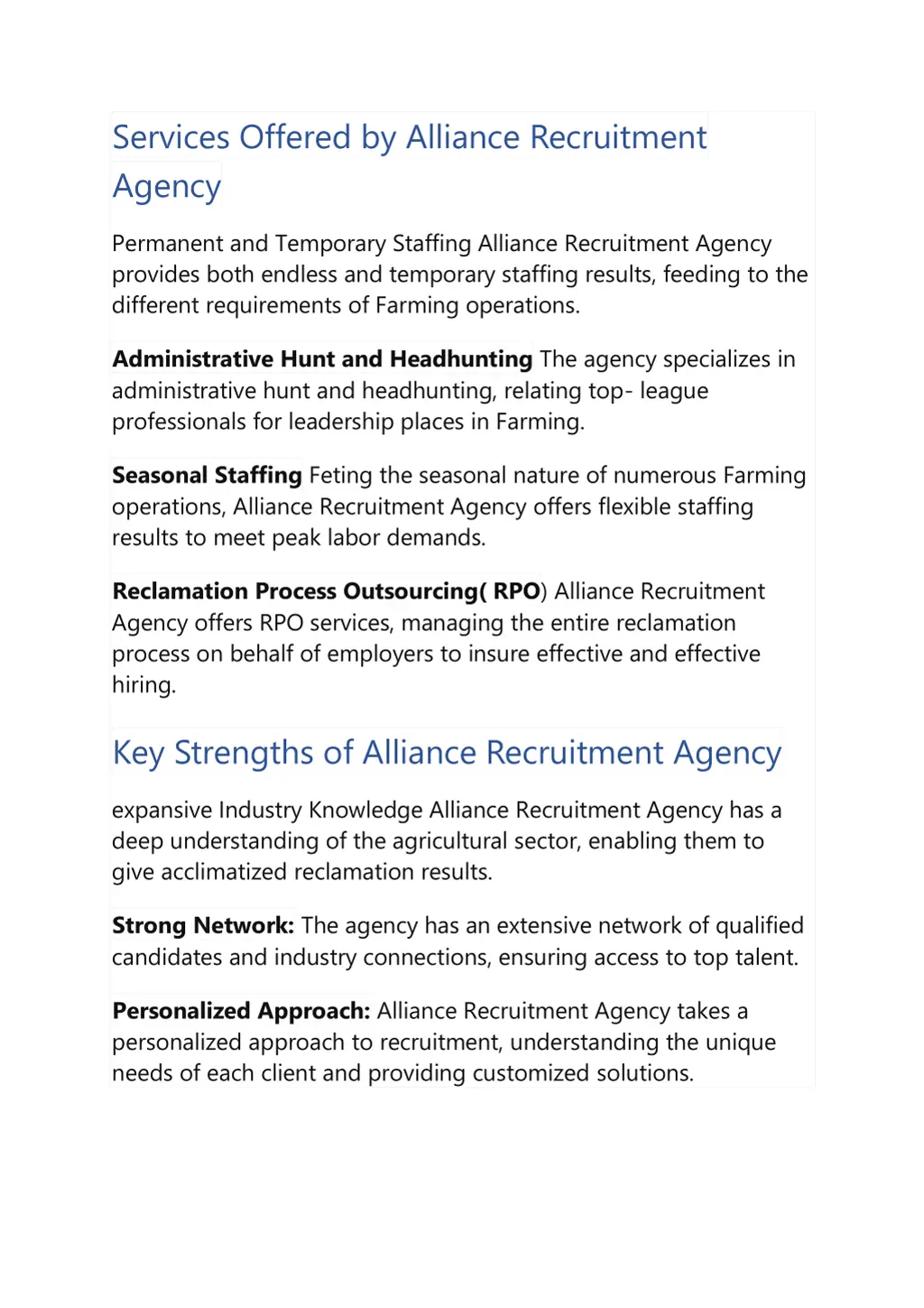 services offered by alliance recruitment agency