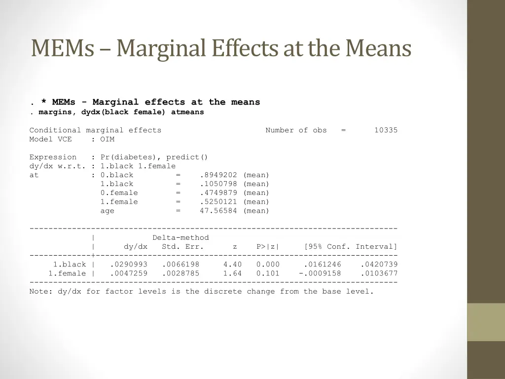 mems marginal effects at the means