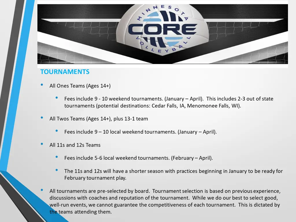 tournaments all ones teams ages 14 fees include