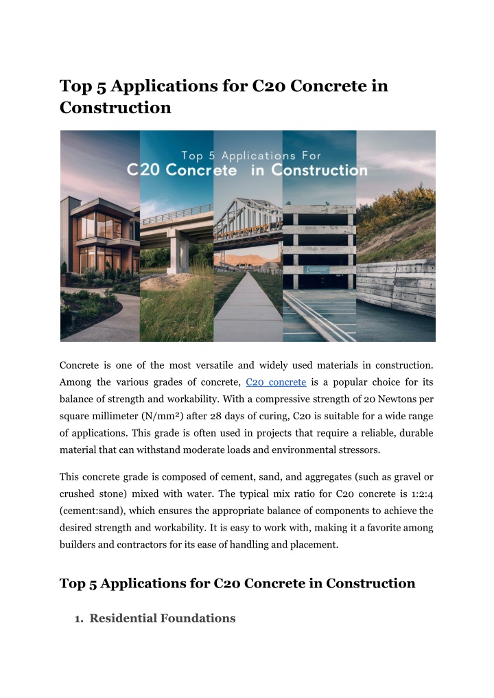 top 5 applications for c20 concrete