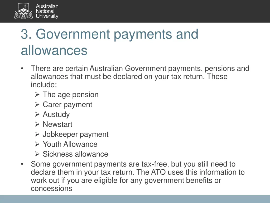 3 government payments and allowances