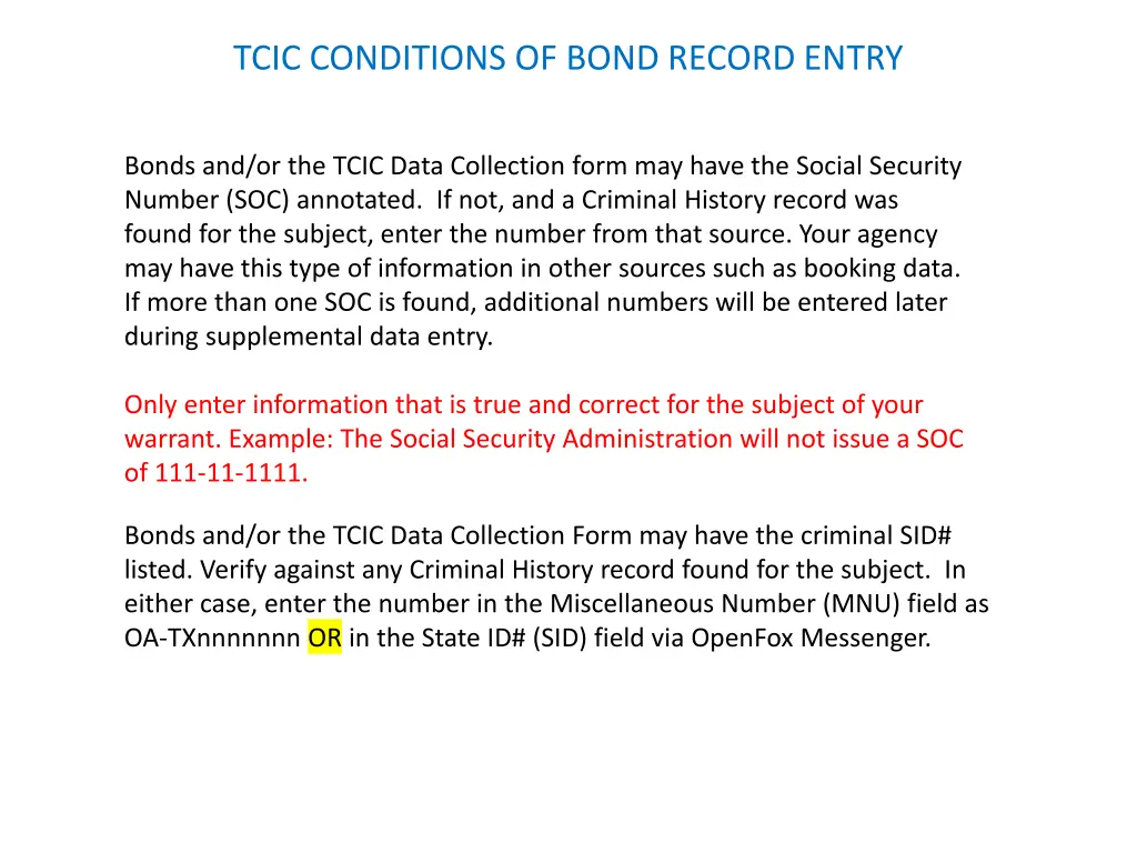 tcic conditions of bond record entry 3