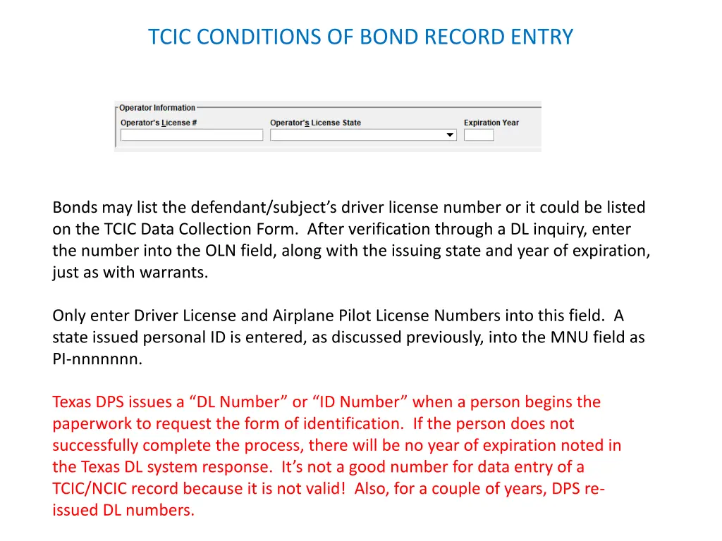 tcic conditions of bond record entry 9