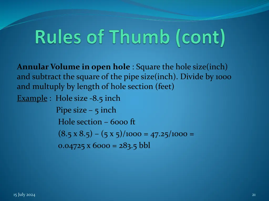 annular volume in open hole square the hole size