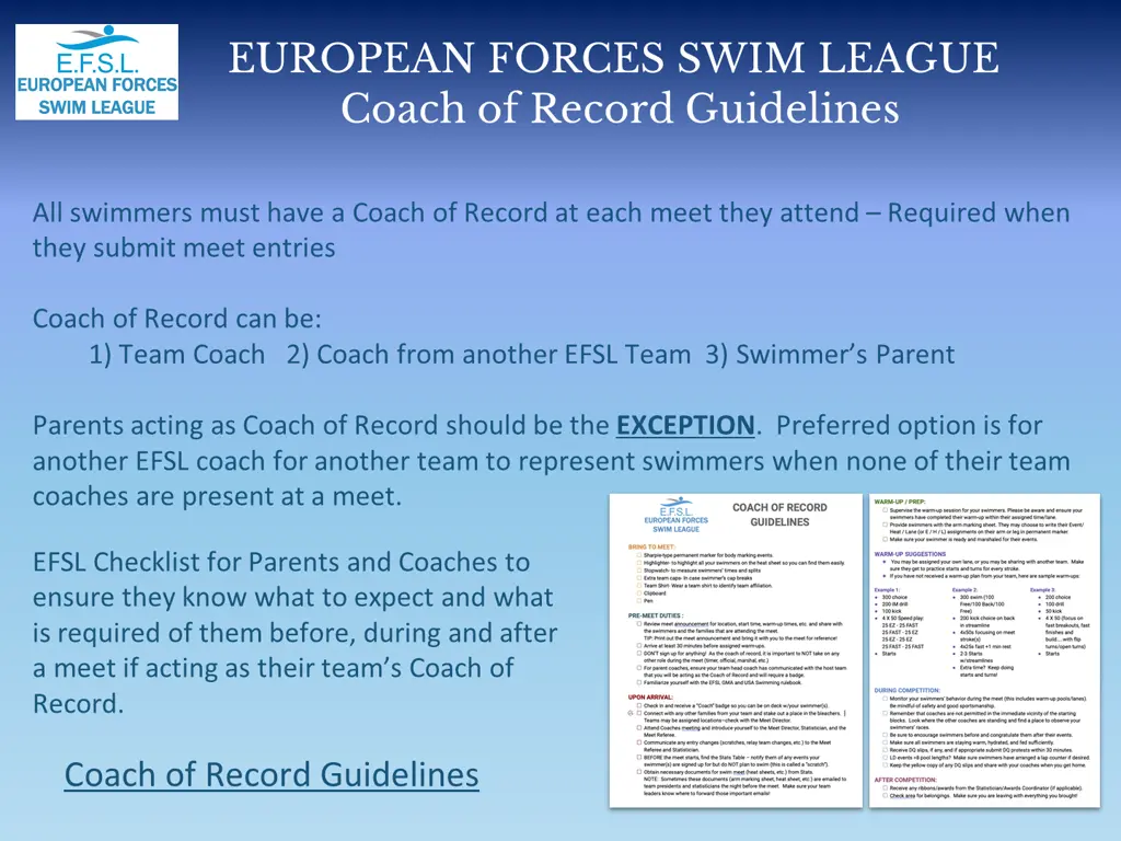 european forces swim league coach of record