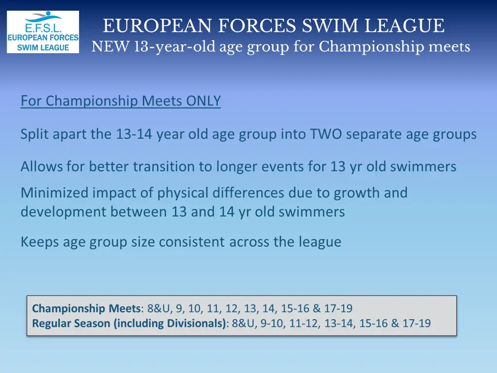 european forces swim league new 13 year