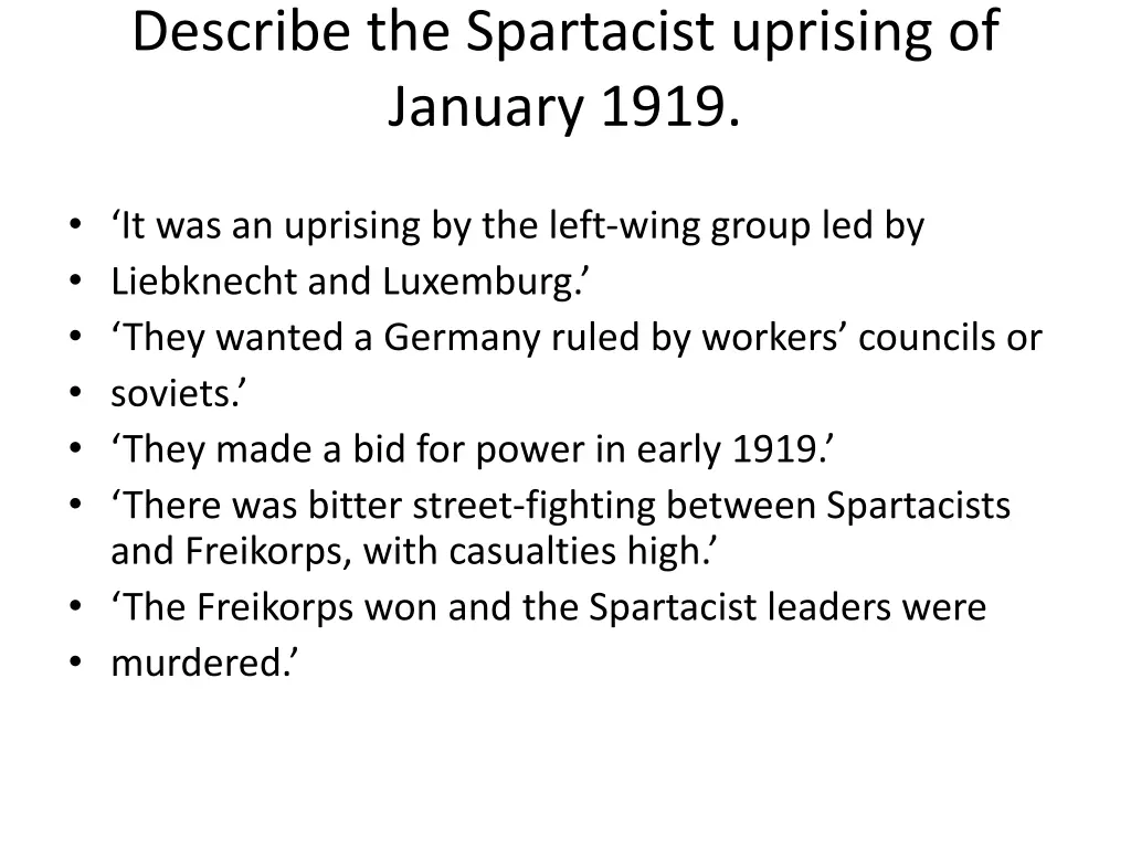 describe the spartacist uprising of january 1919