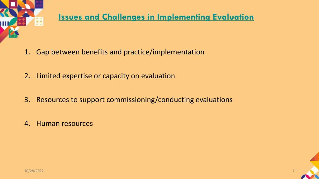 issues and challenges in implementing evaluation