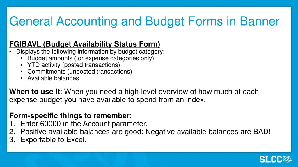 general accounting and budget forms in banner