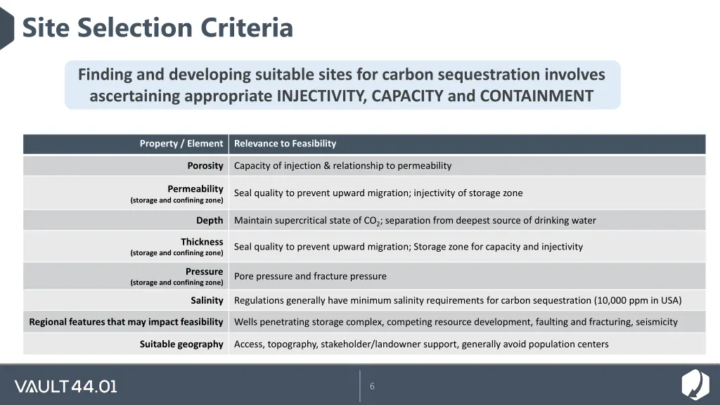 site selection criteria